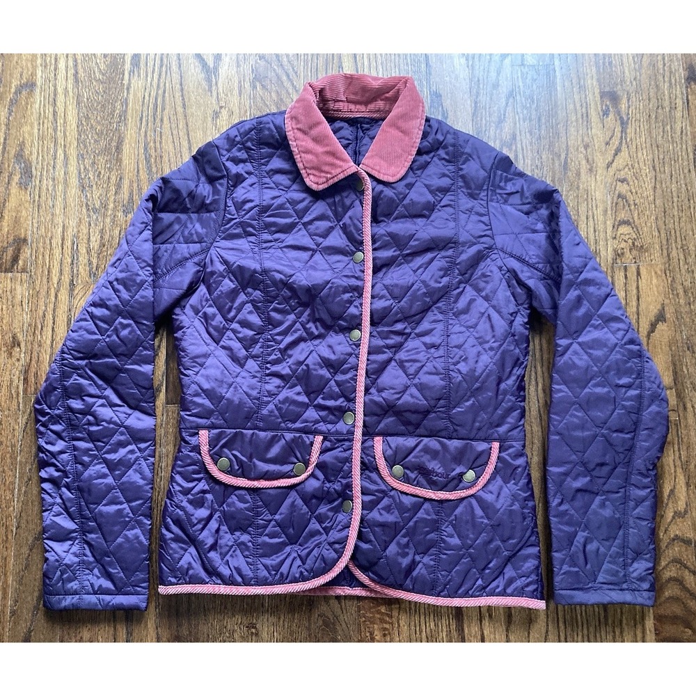 Barbour Purple Quilted Bomber Jacket with Pink Trim